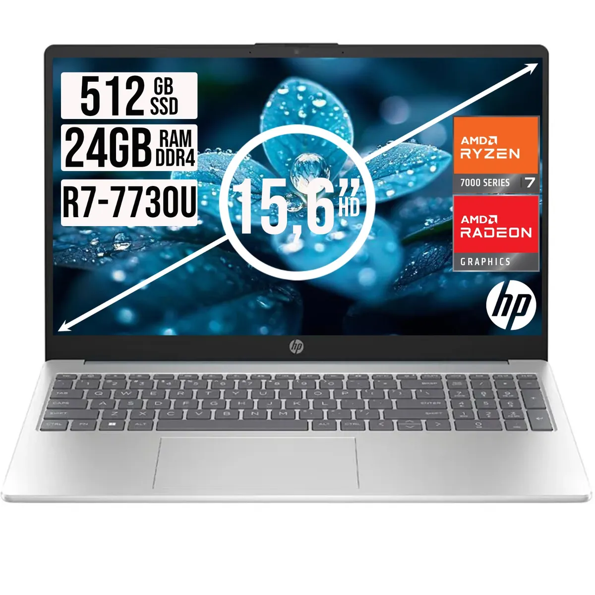 HP - Portátil HP 15.6” Full HD AMD Ryzen 7 7730U 24GB RAM 512GB SSD Plata