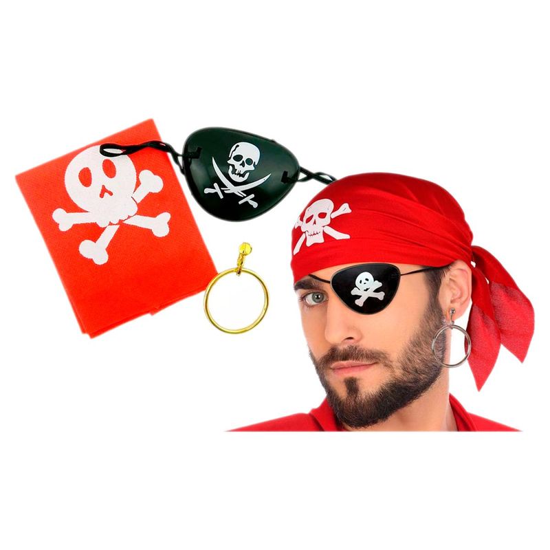 GENERICO - Set Disfraz Parche Pirata Pañoleta Pendiente Arete Halloween