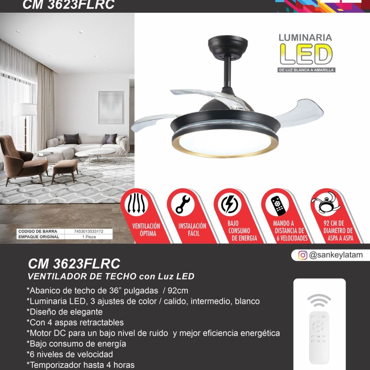 SANKEY - Ventilador de Techo Aspas Retráctiles Control Remoto y Lámpara 36 Pulg