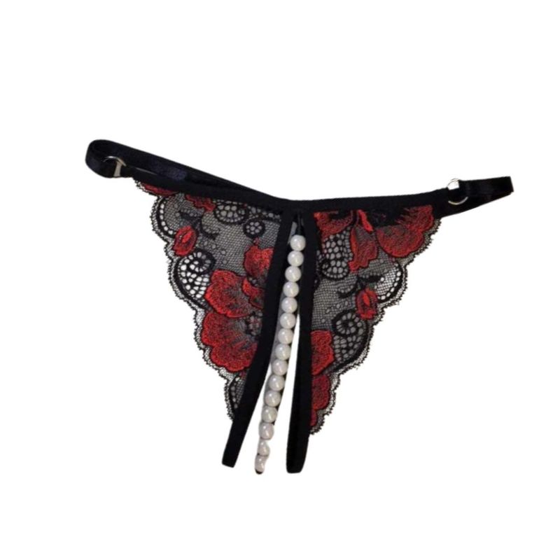 GENERICO - Tanga francesa encaje mujer Negro y Rojo con perlas estimulantes