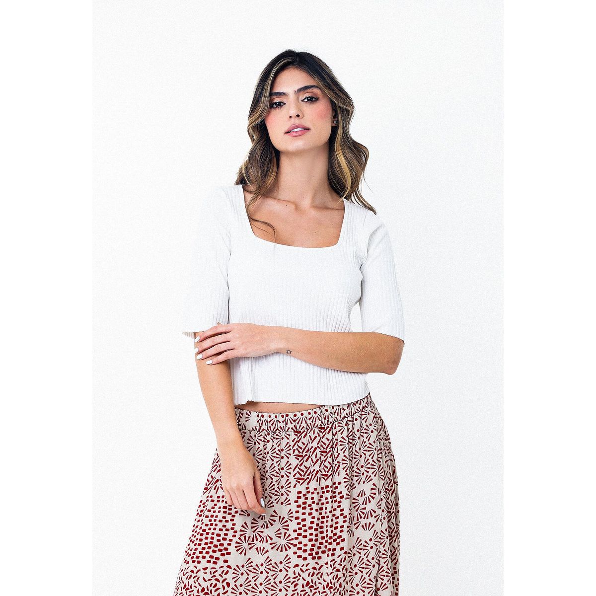 BELIFE - Blusa Blanca Con Escote Semi Cuadrado Y Manga 3-4 Para Mujer Belife