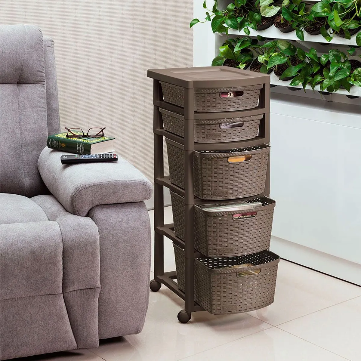 RIMAX - Cajonero Rattan 2 Gavetas Bajas + 3 Gavetas Altas RIMAX - Mocca