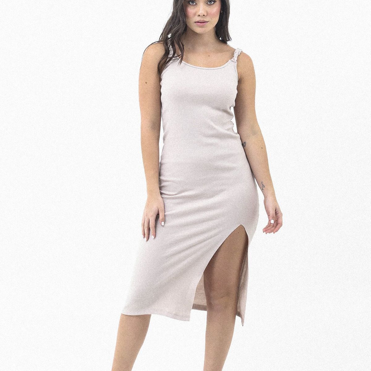 BELIFE - Vestido Midi Café Manga Sisa Y Abertura Frontal Para Mujer Belife