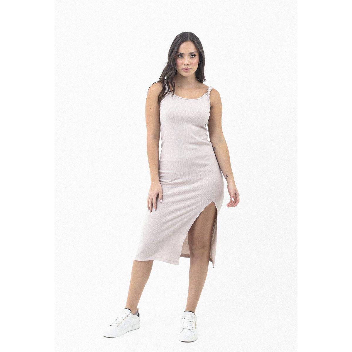 BELIFE - Vestido Midi Café Manga Sisa Y Abertura Frontal Para Mujer Belife