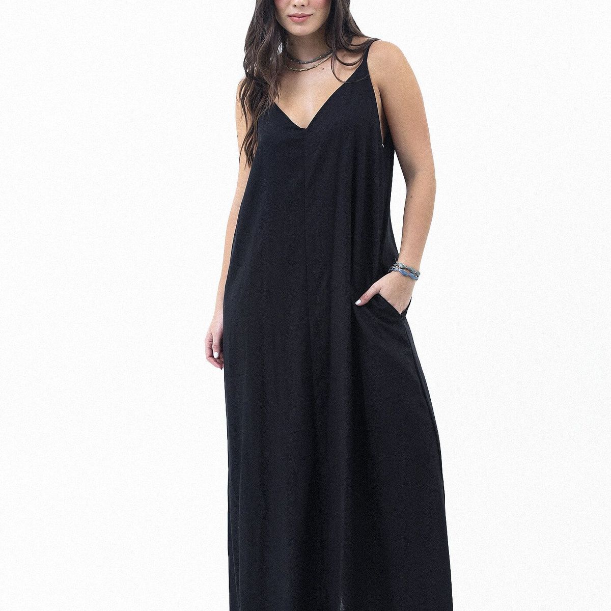 BELIFE - Vestido Largo Negro Con Cargaderas Sesgadas Para Mujer Belife.-.-