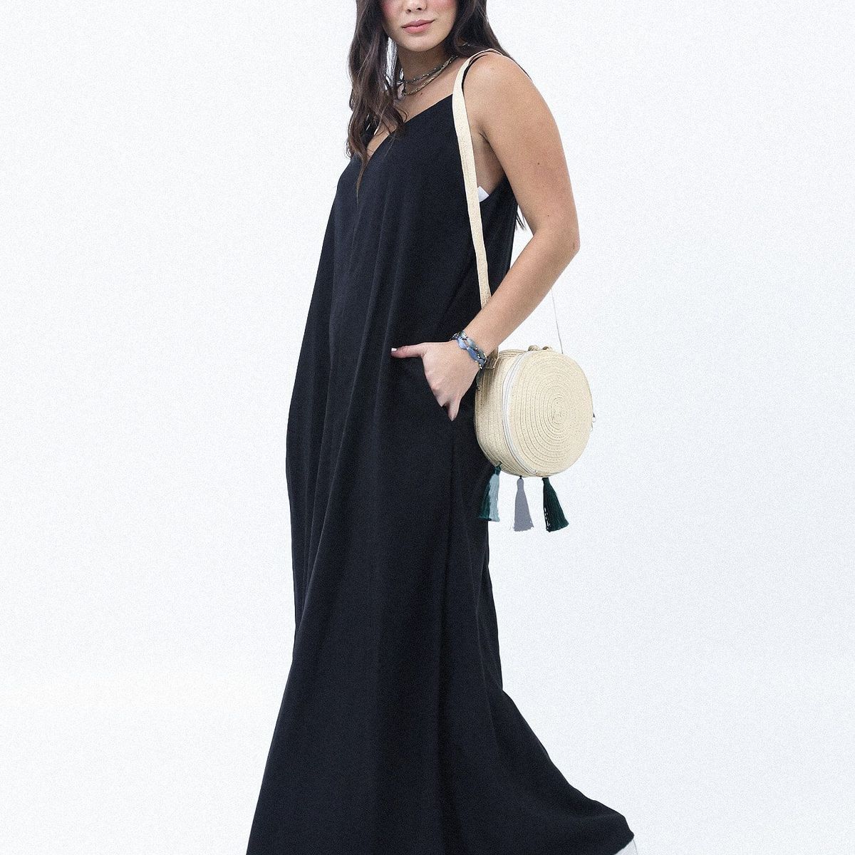 BELIFE - Vestido Largo Negro Con Cargaderas Sesgadas Para Mujer Belife.-.-