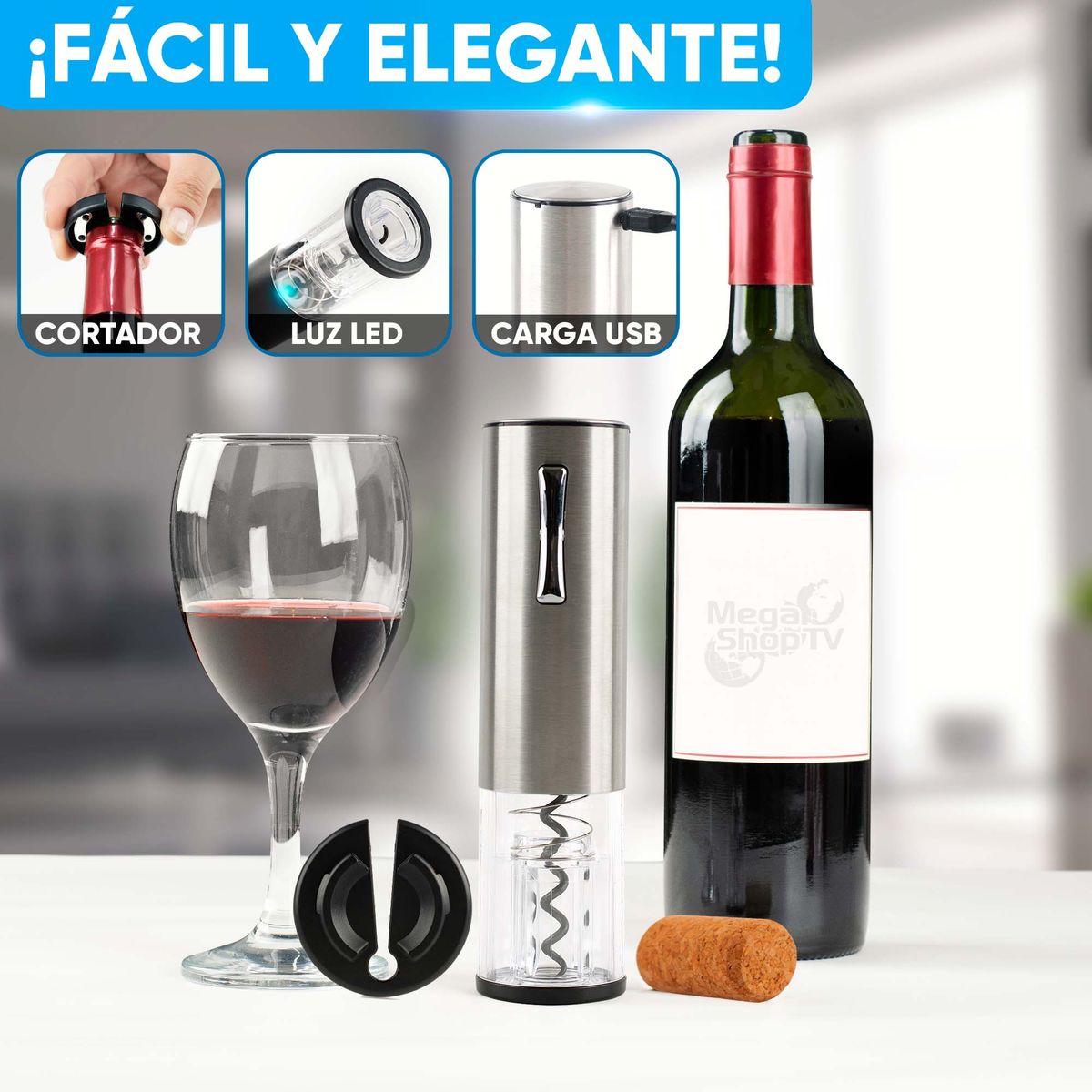 CHEF MASTER - Sacacorchos Eléctrico USB Kit Descorchador Completo Gris