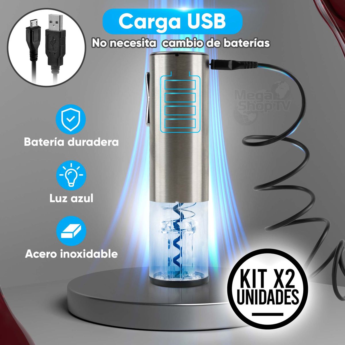 CHEF MASTER - Set X 2 Sacacorchos Eléctrico USB: Kit Descorchador Completo Gris