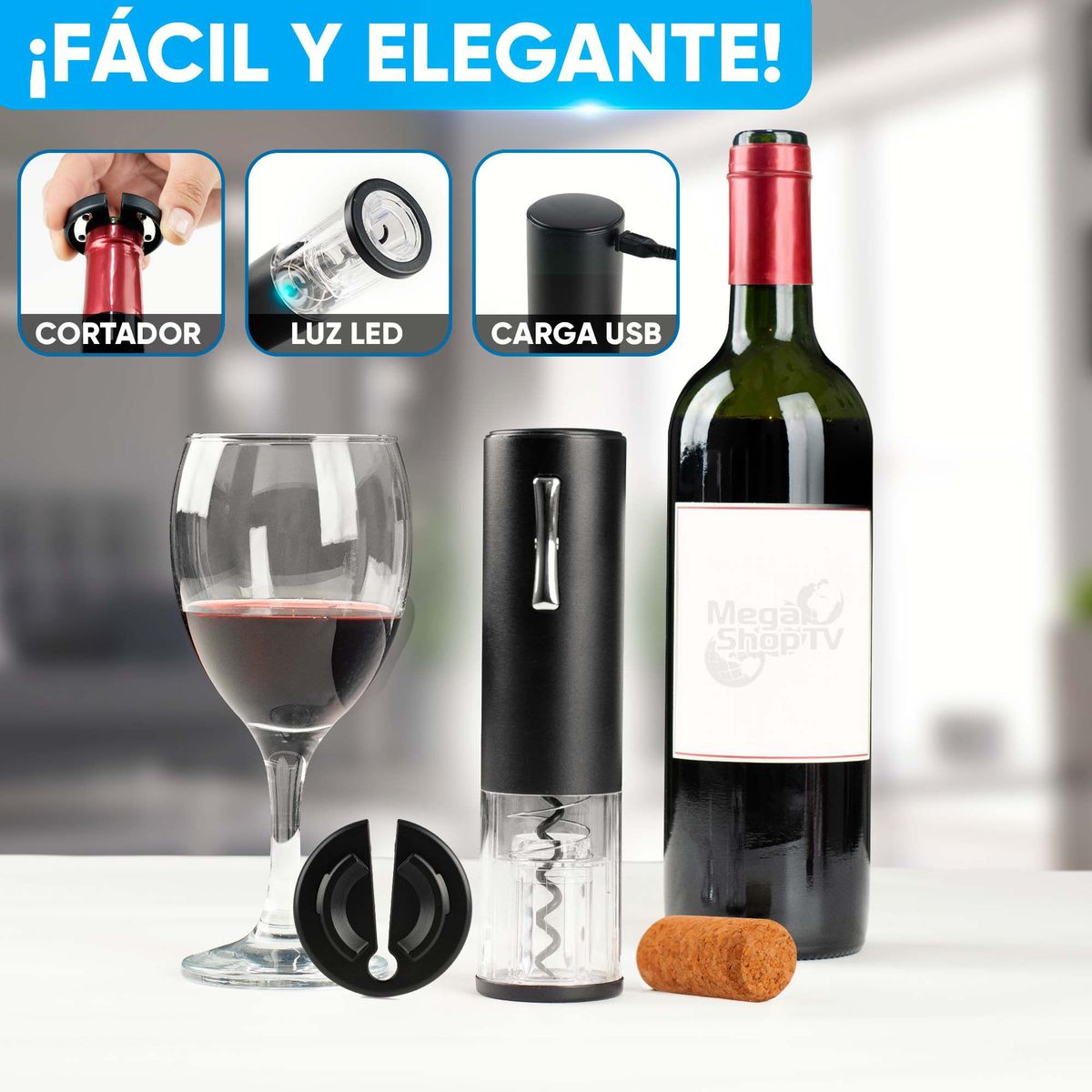 CHEF MASTER - Sacacorchos Eléctrico USB Kit Descorchador Completo Negro