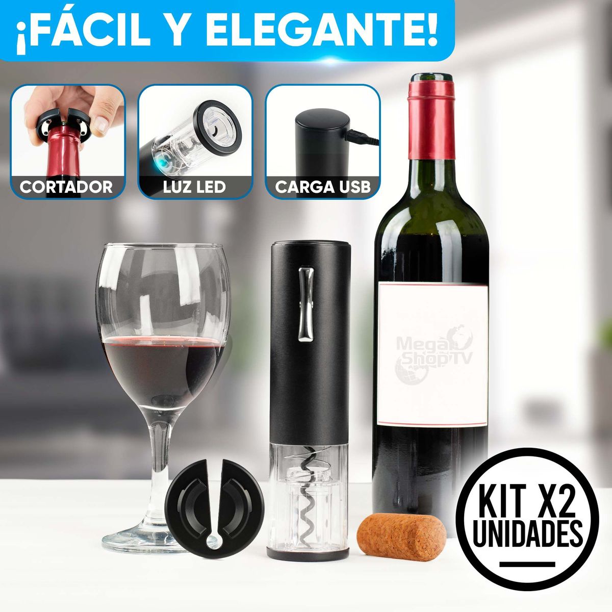 CHEF MASTER - Set X 2 Sacacorchos Eléctrico USB: Kit Descorchador Completo Negro