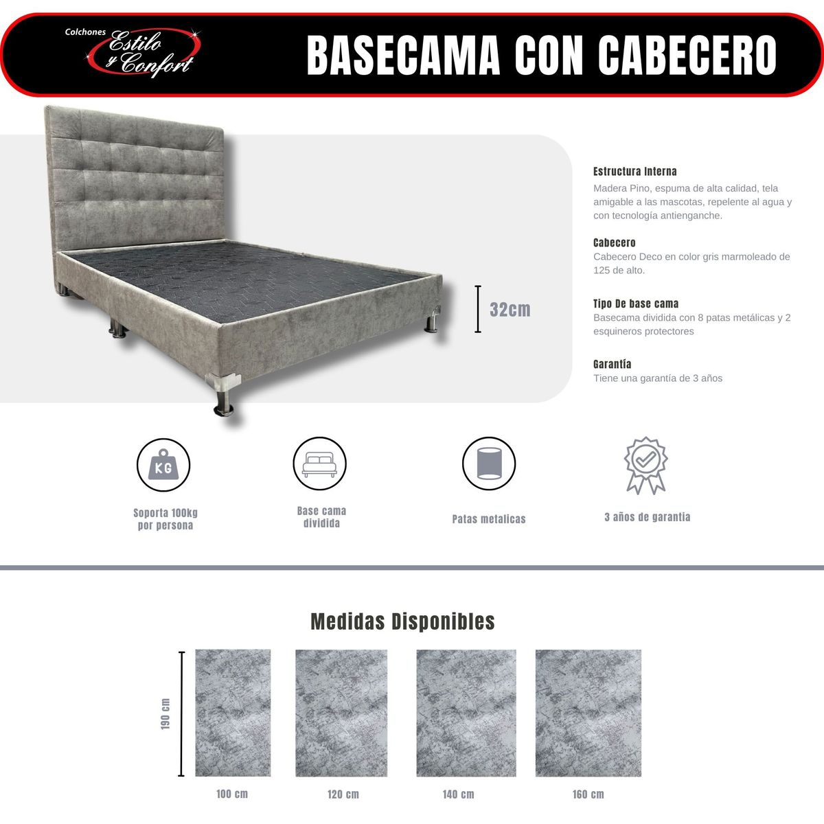 ESTILO Y CONFORT - Basecama y Cabecero Estilo y Confort 120x190 Gris Especial