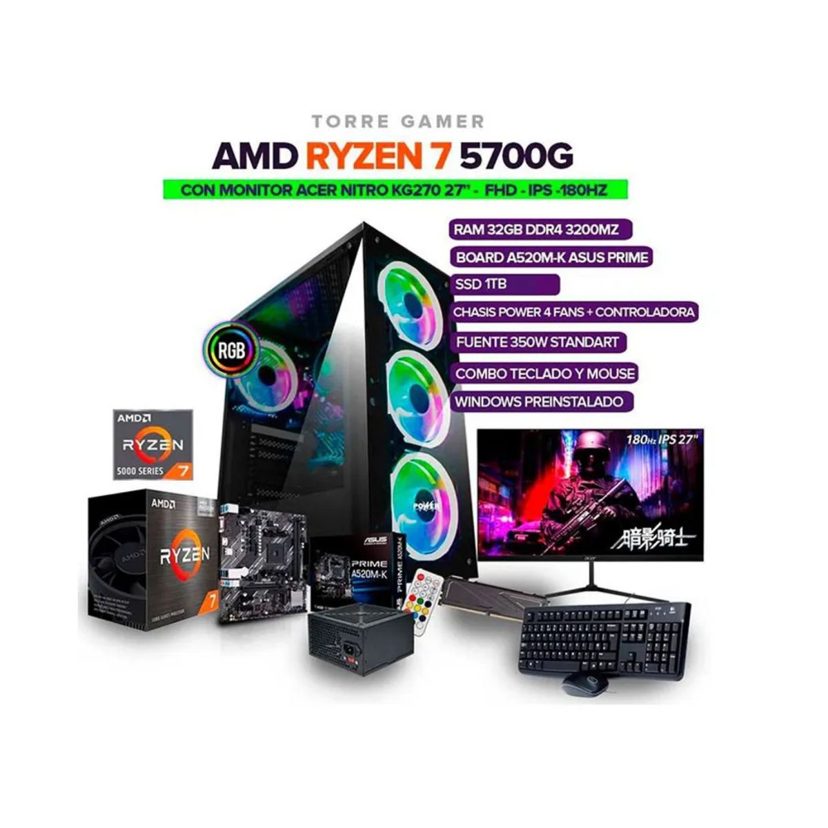 AMD - PC Gamer Ryzen 7 5700G/RAM 32GB/SSD 1TB/Board A-520/350W + Monitor 27" 180hz