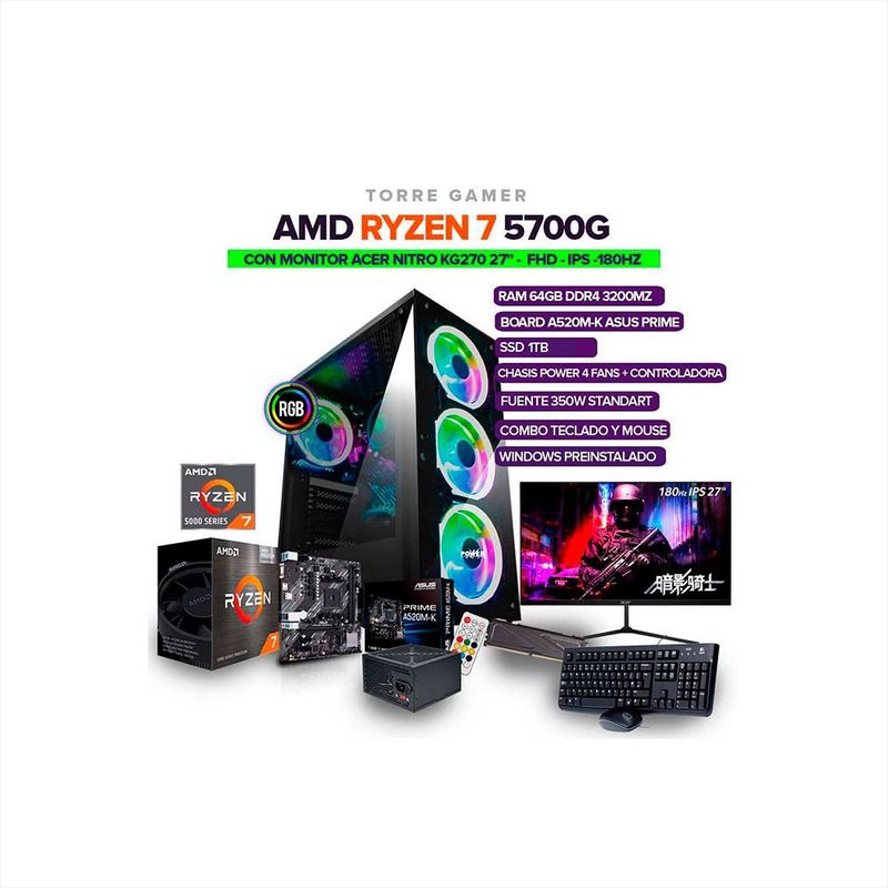 AMD - PC Gamer Ryzen 7 5700G/RAM 64GB/SSD 1TB/Board A-520/350W + Monitor 27" 180hz