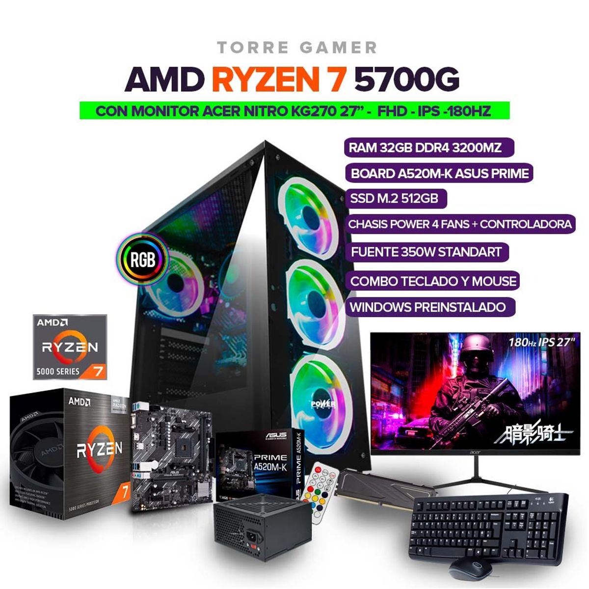 AMD - PC Gamer Ryzen 7 5700G/RAM 32GB/SSD 512GB/Board A520/350W Monitor 27" 180hz