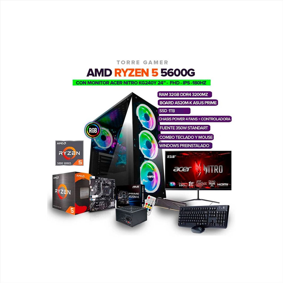 AMD - PC Gamer Ryzen 5 5600G/RAM 32GB/SSD 1TB/350W + Monitor Acer Nitro 24" IPS 180Hz