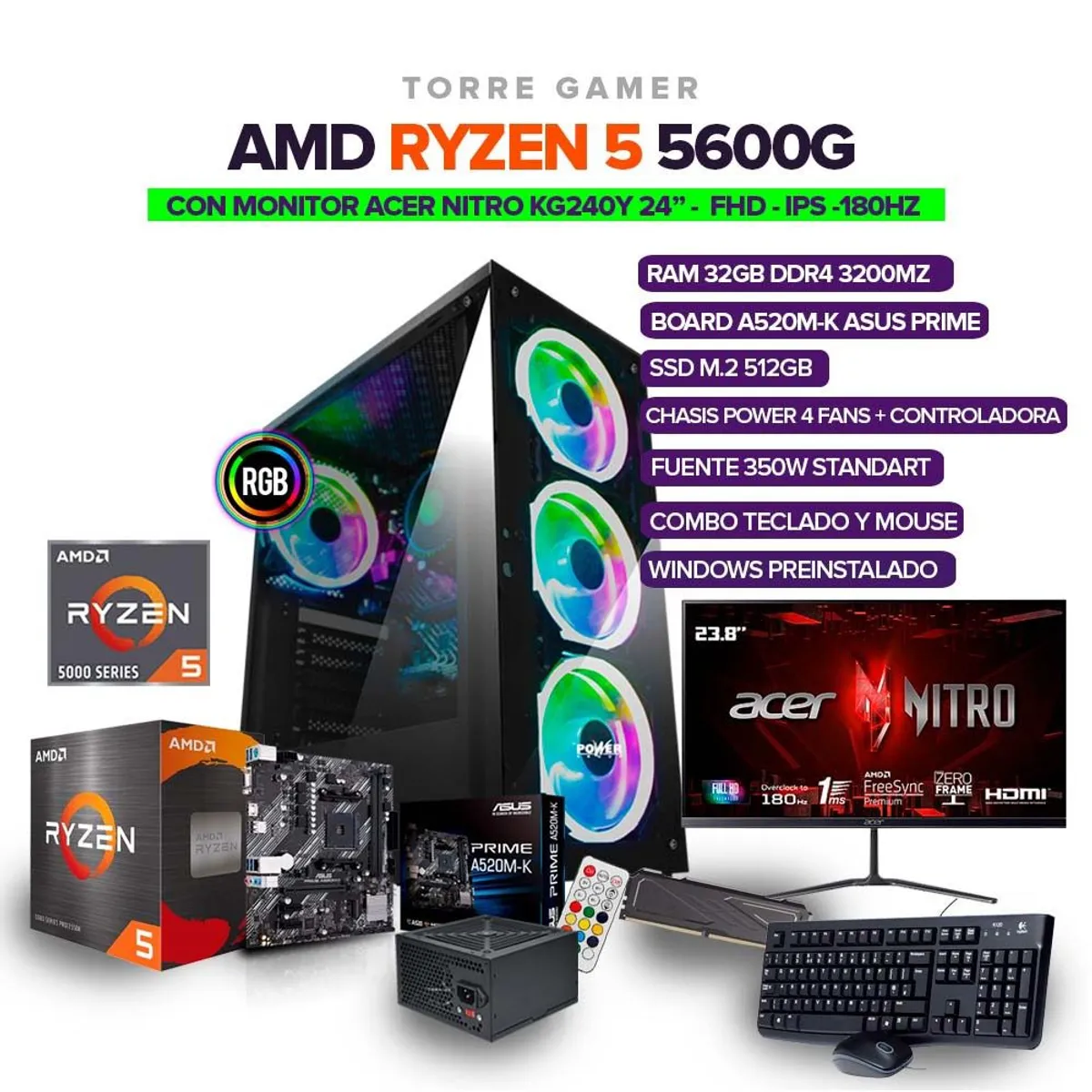 AMD - TORRE GAMER Ryzen 5 5600G/ RAM 32GB/ M.2 512GB/ MONITOR ACER NITRO 24" IPS 180Hz