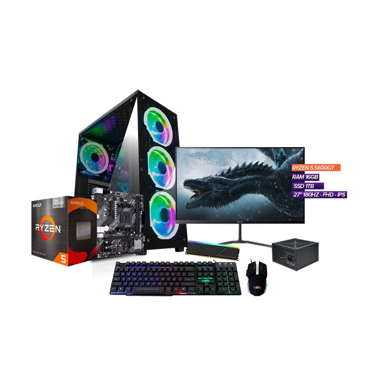 AMD - Torre GAMER Ryzen 5 5600G/ RAM 16GB/SSD 1TB/ MONITOR ACER NITRO 27" IPS 180Hz