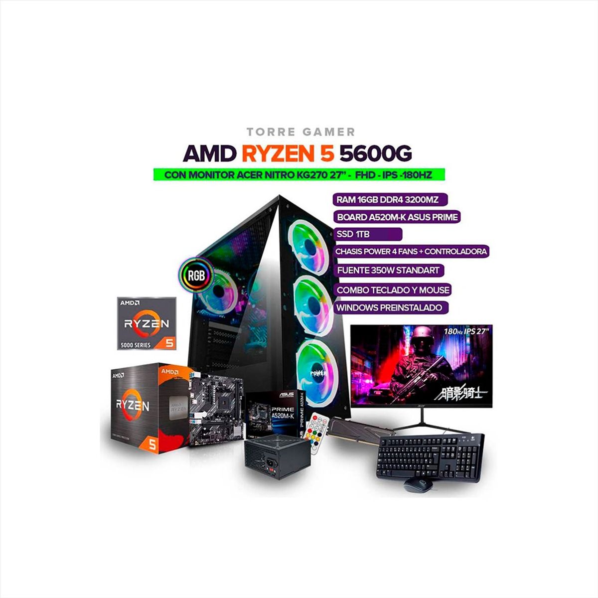 AMD - Torre GAMER Ryzen 5 5600G/ RAM 16GB/SSD 1TB/ MONITOR ACER NITRO 27" IPS 180Hz