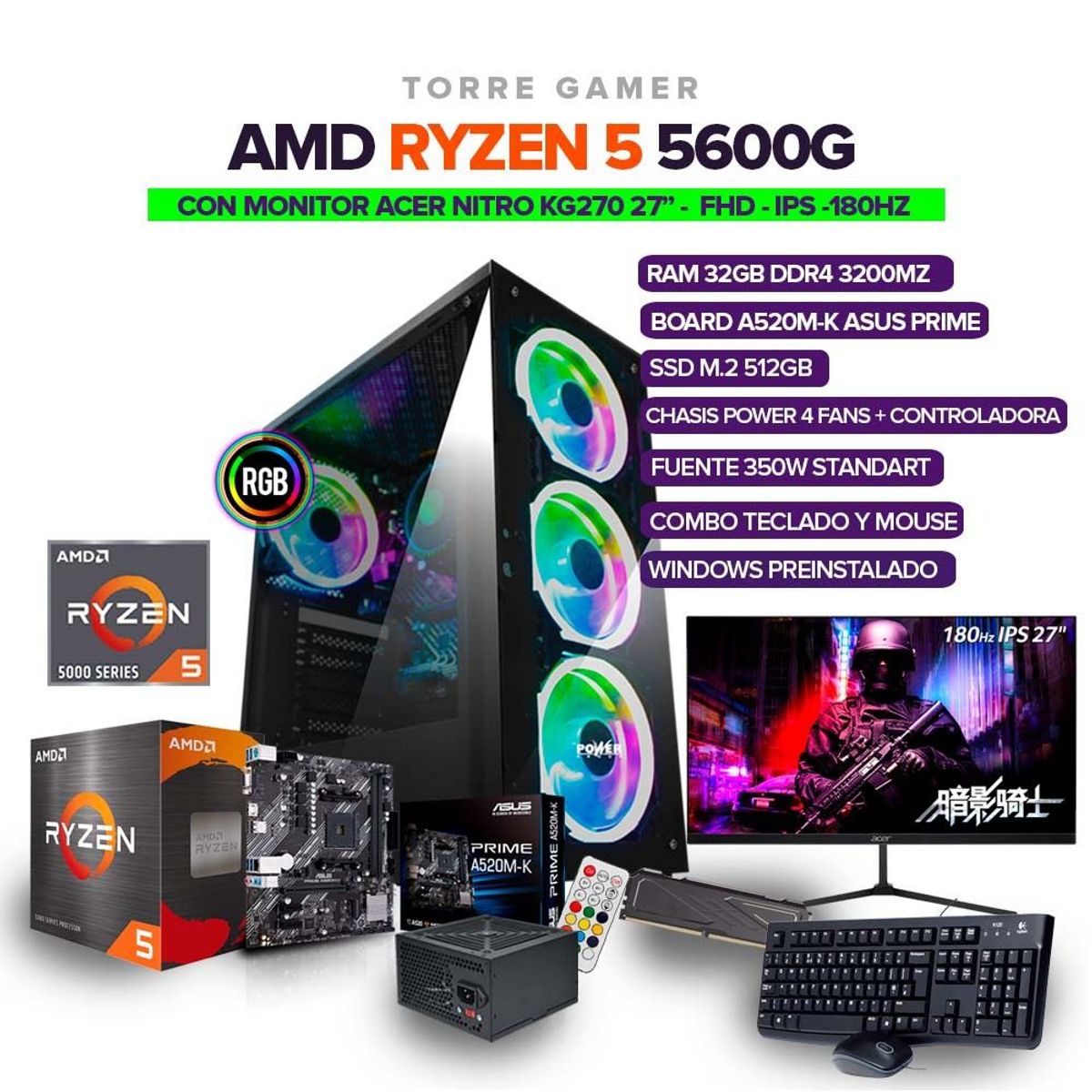 AMD - TORRE GAMER Ryzen 5 5600G/ RAM 32GB/ M.2 512GB+ MONITOR ACER NITRO 27" IPS 180Hz