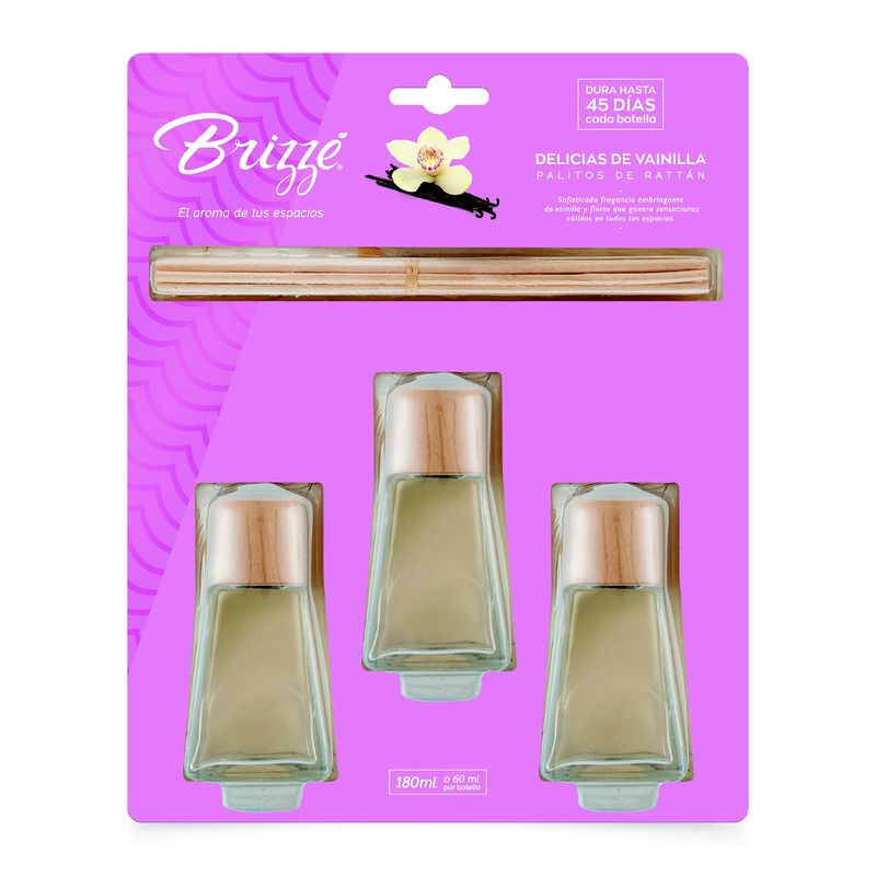 BRIZZE - Tripack Ambientador Palitos de Rattán Delicias de Vainilla 180ml
