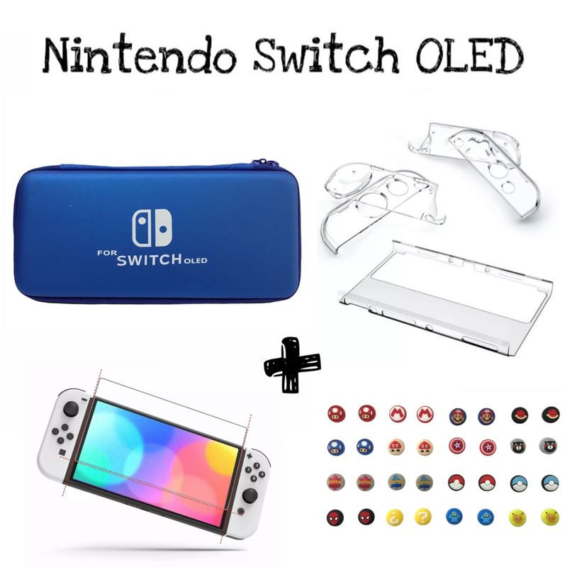 GENERICO - Estuche Azul + Vidrio + 2 Grips + Acrilico Para Switch Oled