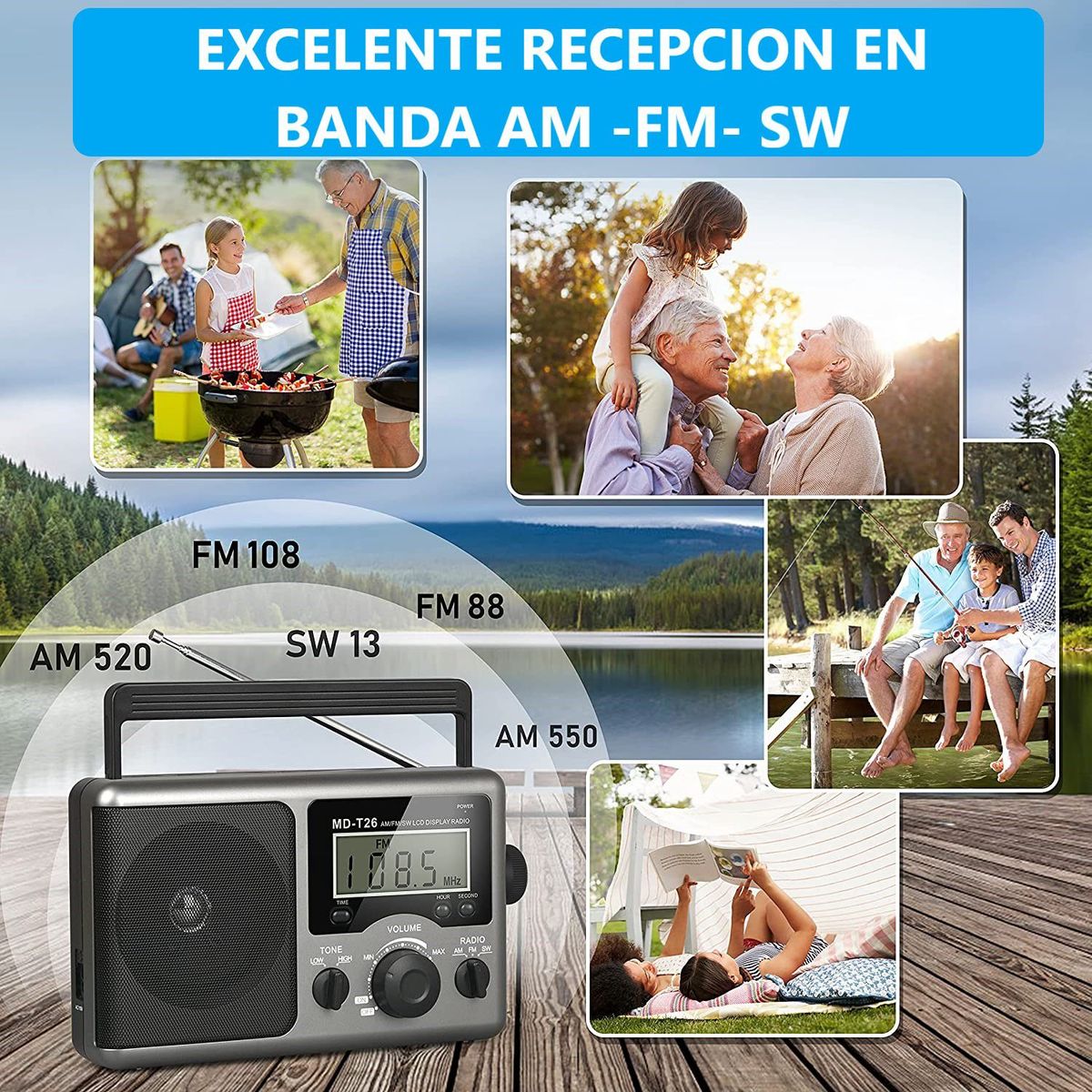 GENERICO - Radio AM FM SW Portatil Reloj Pantalla Corriente o Pilas