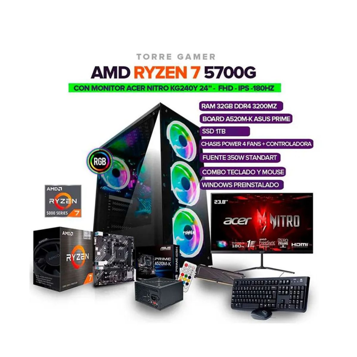 AMD - Pc GAMER Ryzen 7 5700G/ RAM 32GB/ SSD 1TB + MONITOR ACER NITRO 24" IPS 180Hz