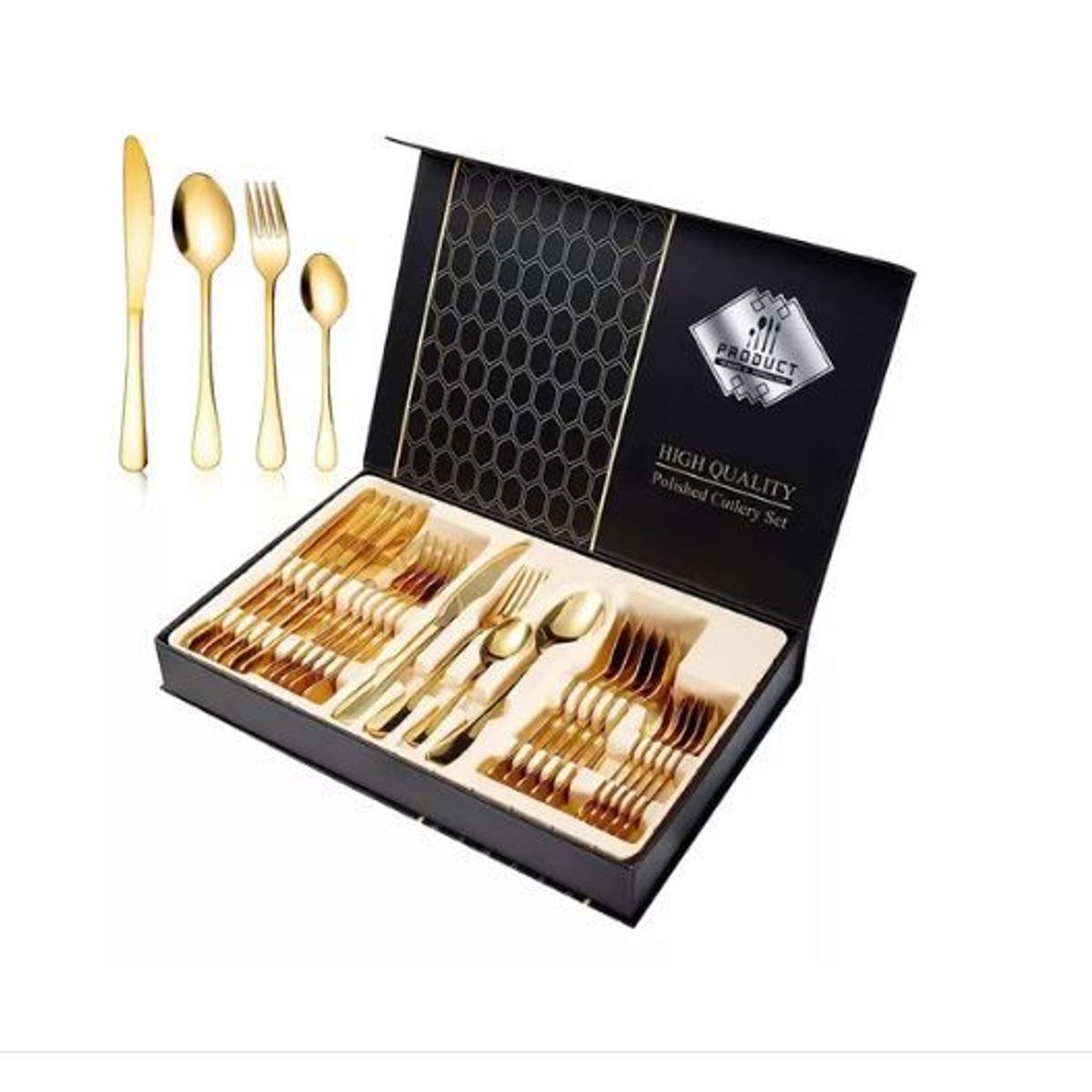 AMERICO SHOP - Juego de Cubiertos Set 24 Piezas Acero Inoxidable Dorado