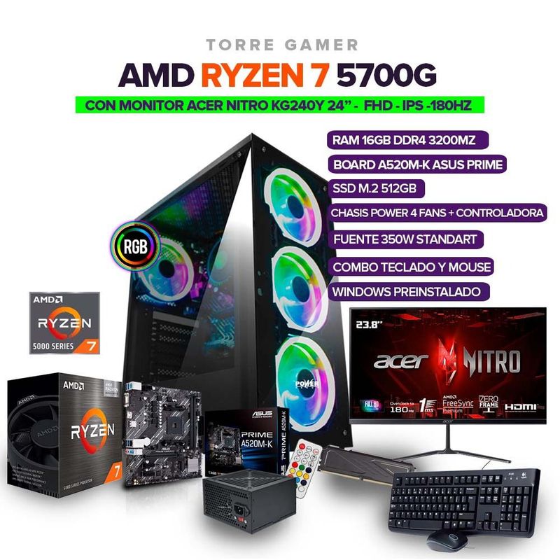 AMD - Pc GAMER Ryzen 7 5700G/ RAM 16GB/ M.2 512GB + MONITOR ACER NITRO 24" IPS 180Hz