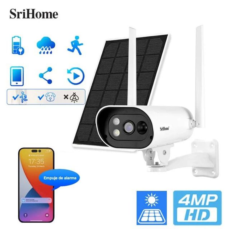 GENERICO - SriHome - Cámara IP DH003 Inalámbrica- CCTV - Con Energía Solar - 2k HD 4MP WIFI