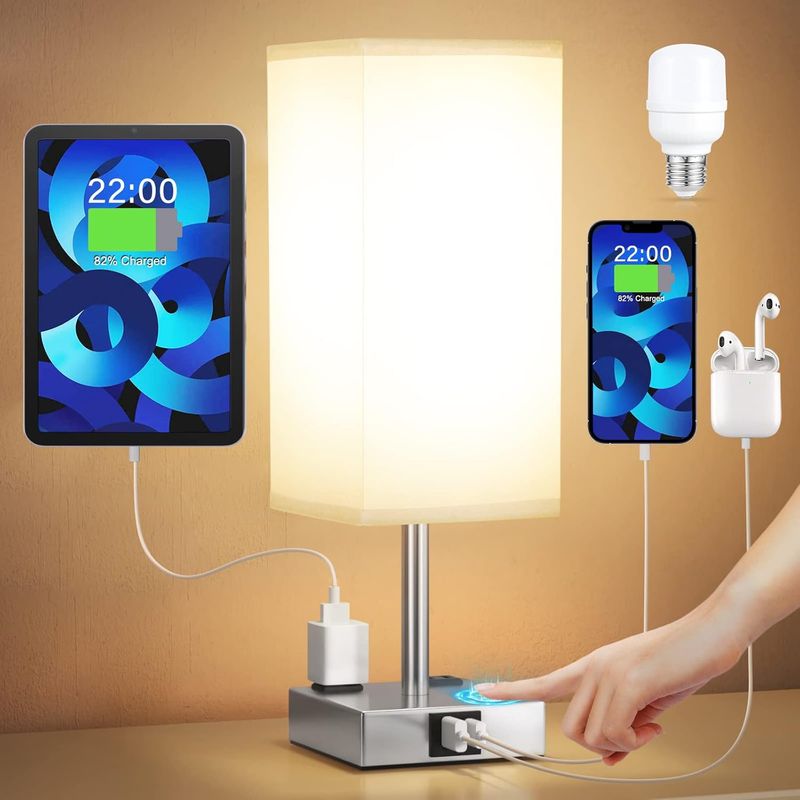 GENERICO - Lámpara De Mesita De Noche Con Puertos De Carga Usb A  C