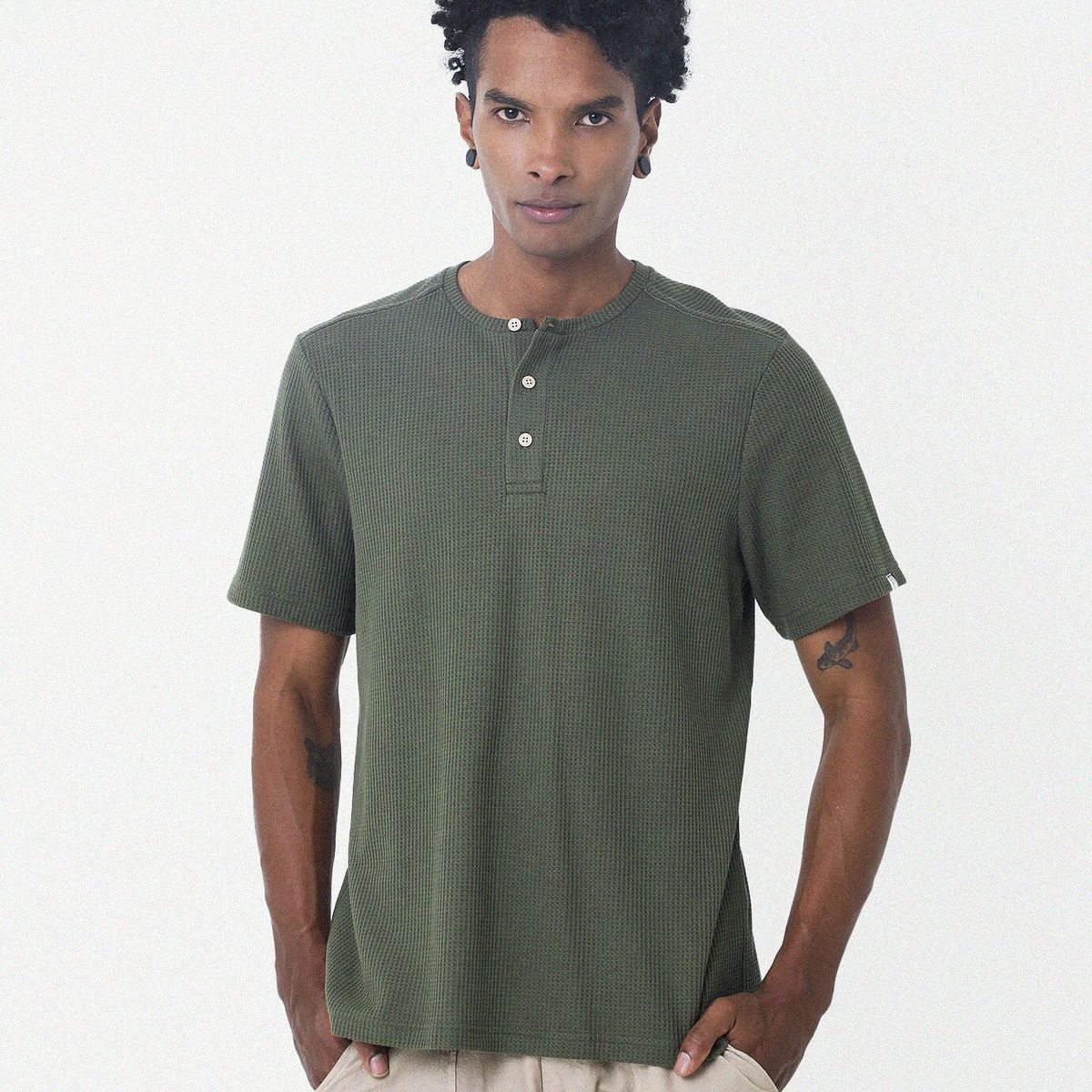 BELIFE - Camiseta Verde Con Cuello Redondo Henley Para Hombre Belife-