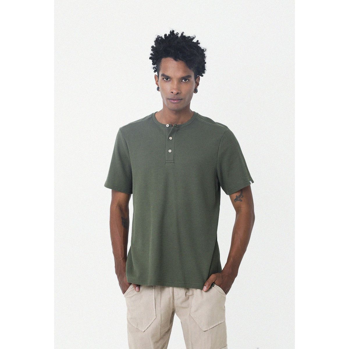 BELIFE - Camiseta Verde Con Cuello Redondo Henley Para Hombre Belife-