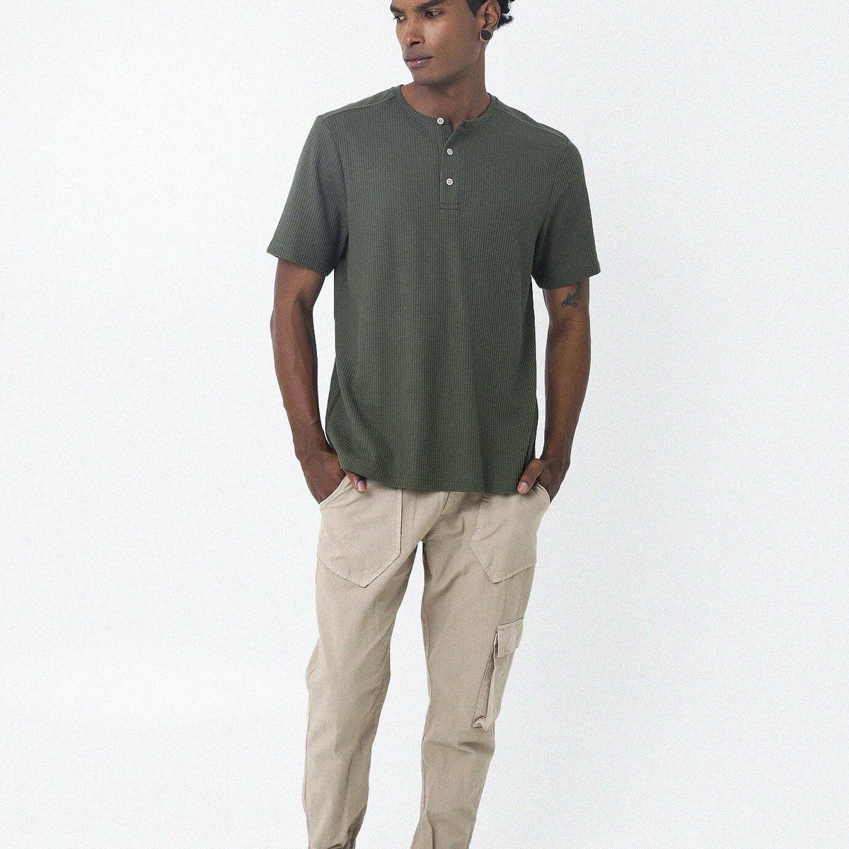BELIFE - Camiseta Verde Con Cuello Redondo Henley Para Hombre Belife-