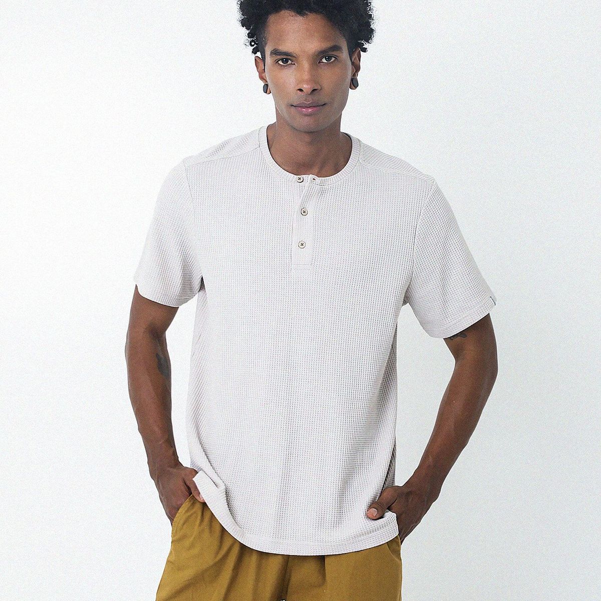 BELIFE - Camiseta Blanco Con Cuello Redondo Henley Para Hombre Belife