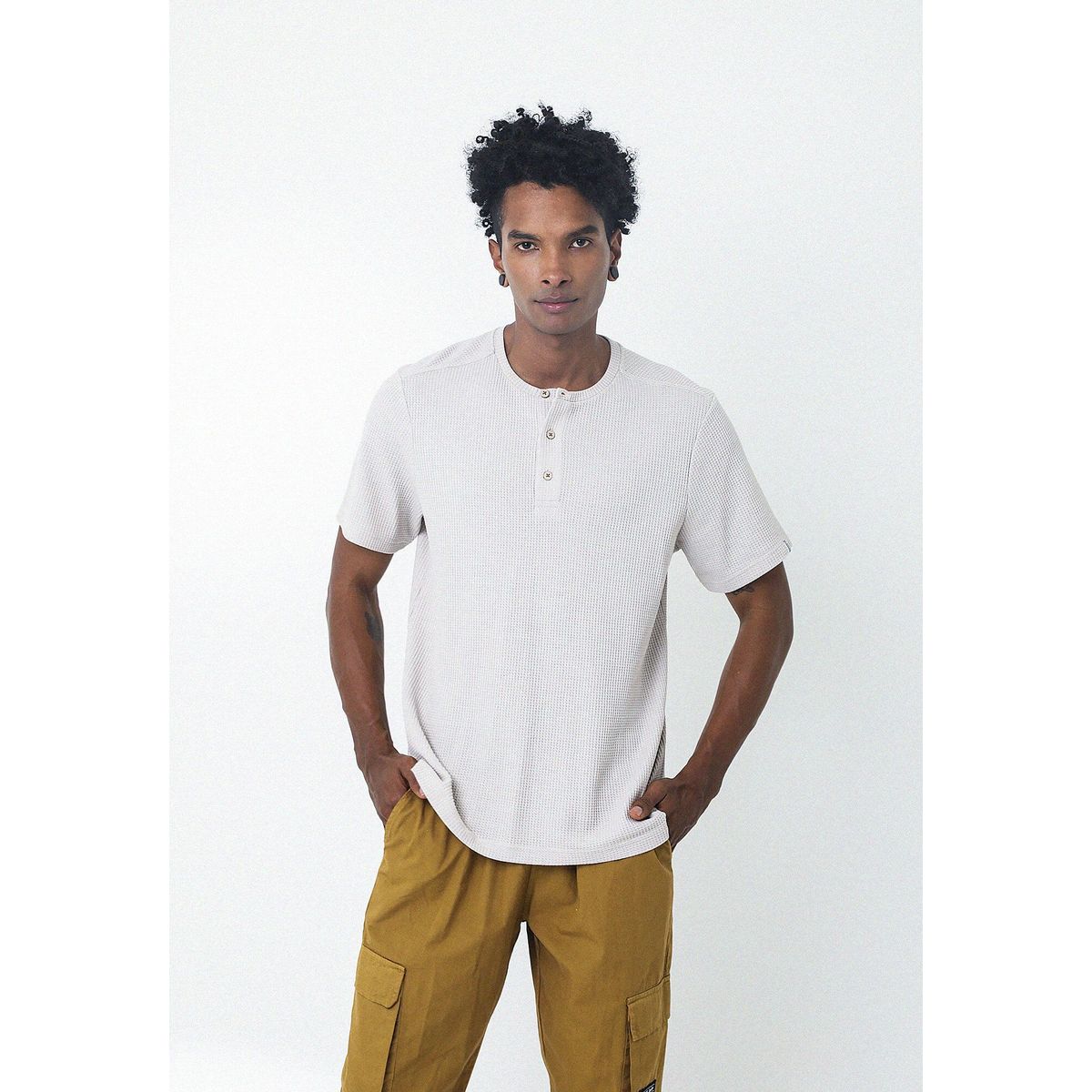 BELIFE - Camiseta Blanco Con Cuello Redondo Henley Para Hombre Belife