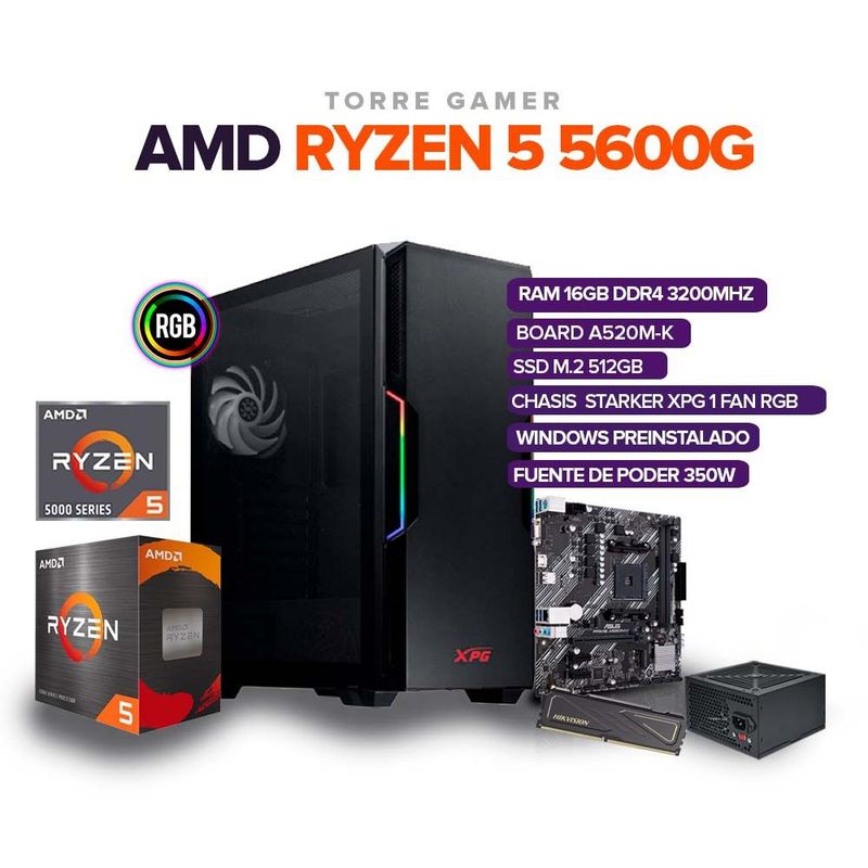 AMD - TORRE Gamer Ryzen 5 5600G /16Gb Ram/ M.2 512GB /Board A520M / CHASIS STARKER XPG