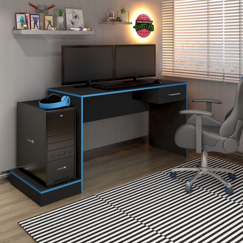 BERTOLINI - Escritorio Gamer mesa de computador en MDP 160 cm Negro con Azul