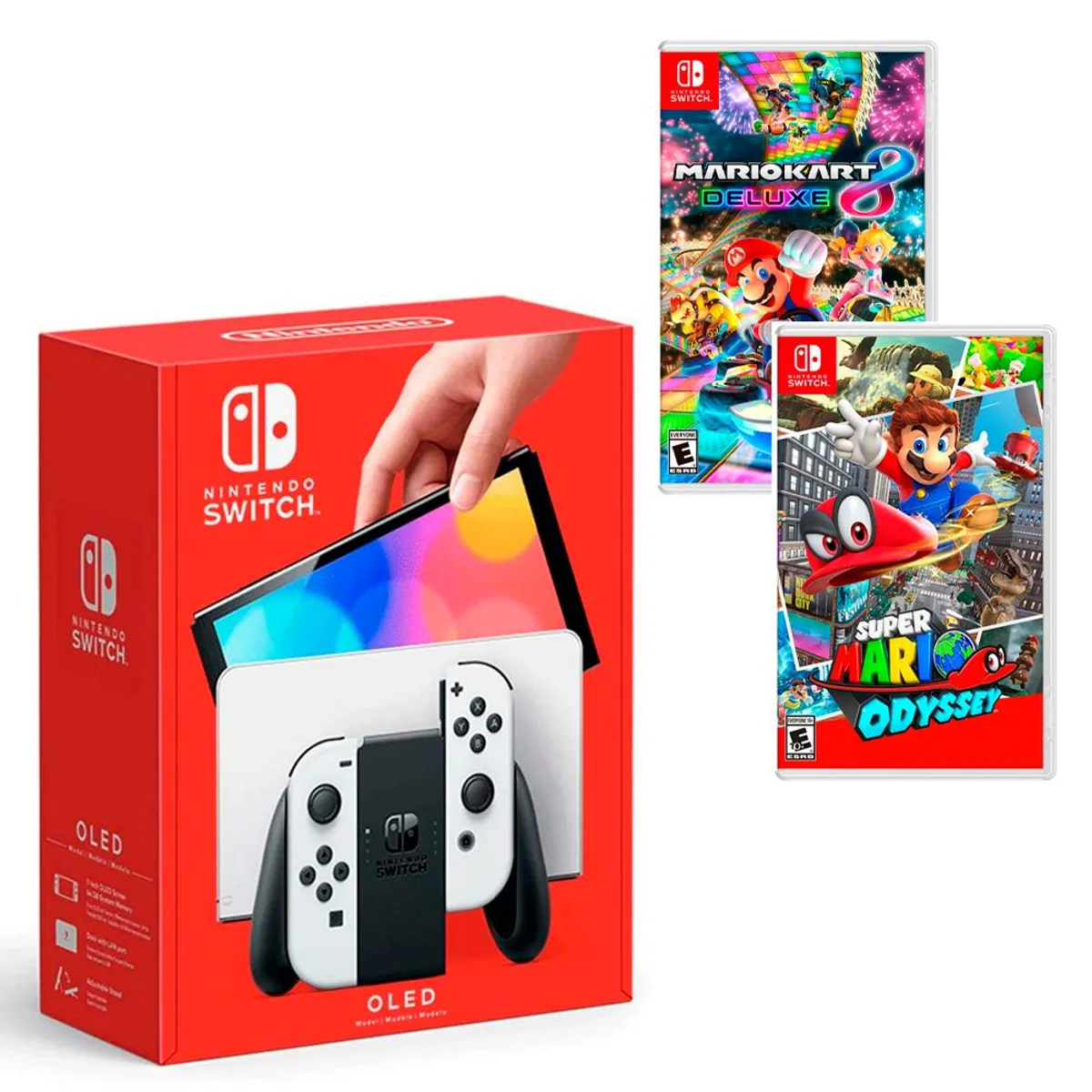 NINTENDO SWITCH - Consola Nintendo Switch Oled Blanca + Mario Odyssey + Mario Kart 8