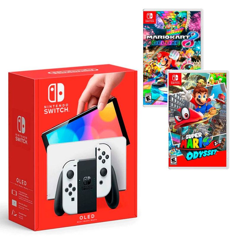 NINTENDO SWITCH - Consola Nintendo Switch Oled Blanca + Mario Odyssey + Mario Kart 8