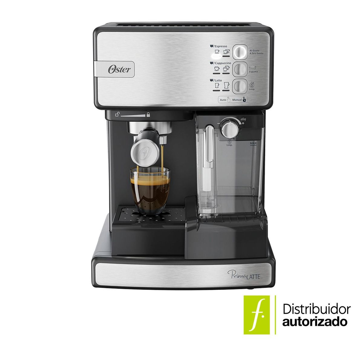 OSTER - Cafetera Automatica de Espresso Oster® PrimaLatte | 3 Preparaciones | 15 Bares | Espumador de Leche | Compatible con Cápsulas y Café Molido