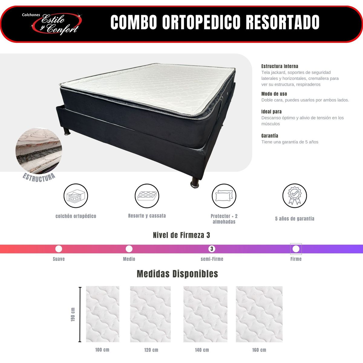 ESTILO Y CONFORT - Combo Basecama más Colchón Ortópedico 120x190