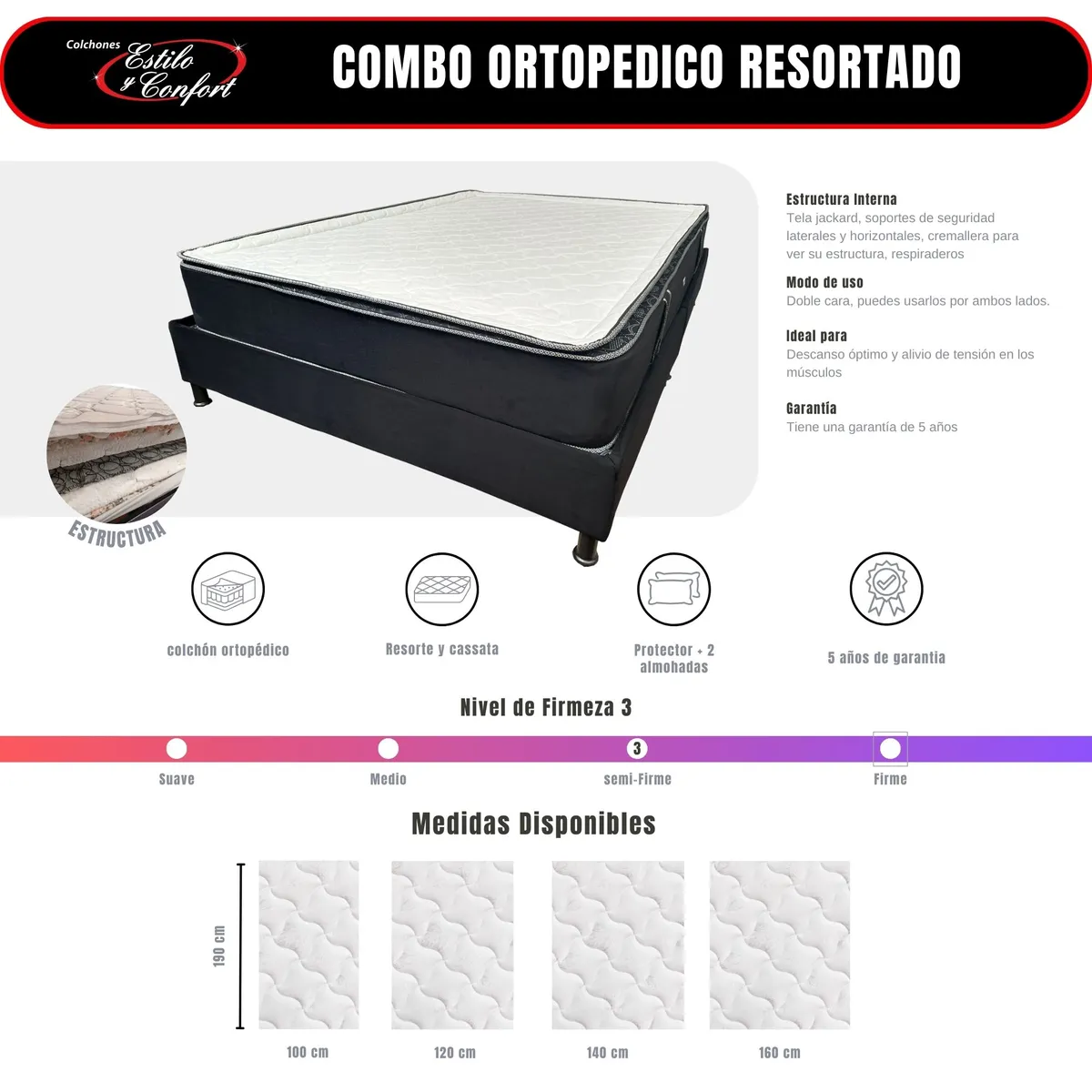 ESTILO Y CONFORT - Combo Basecama más Colchón Ortópedico 140x190