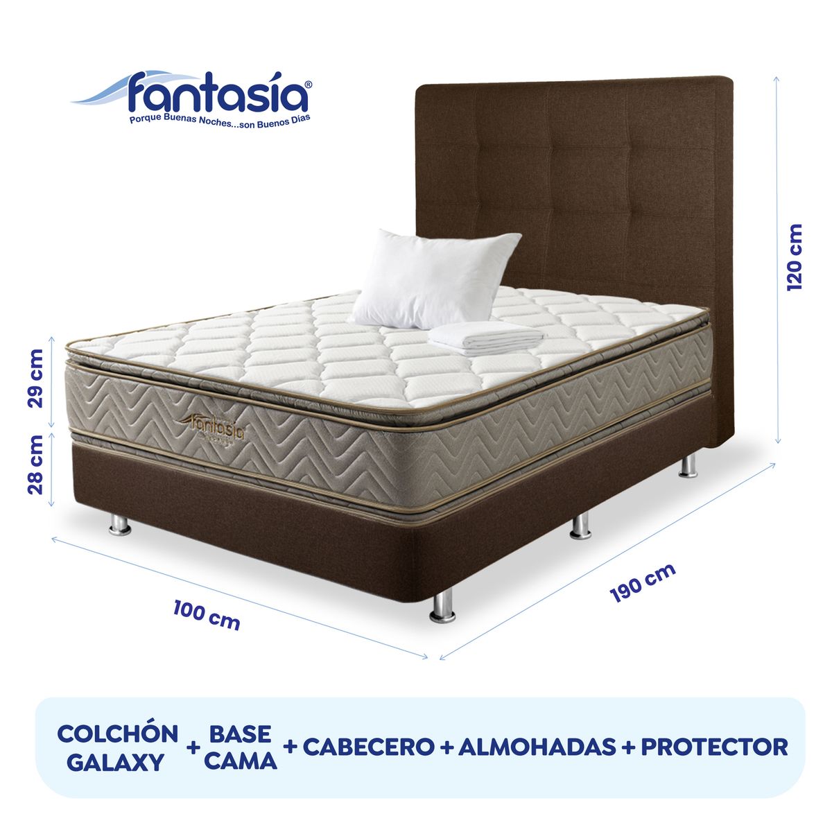 COLCHONES FANTASIA - Combo Sencillo Galaxy+basecama Cf+espaldar+1almohada+protect