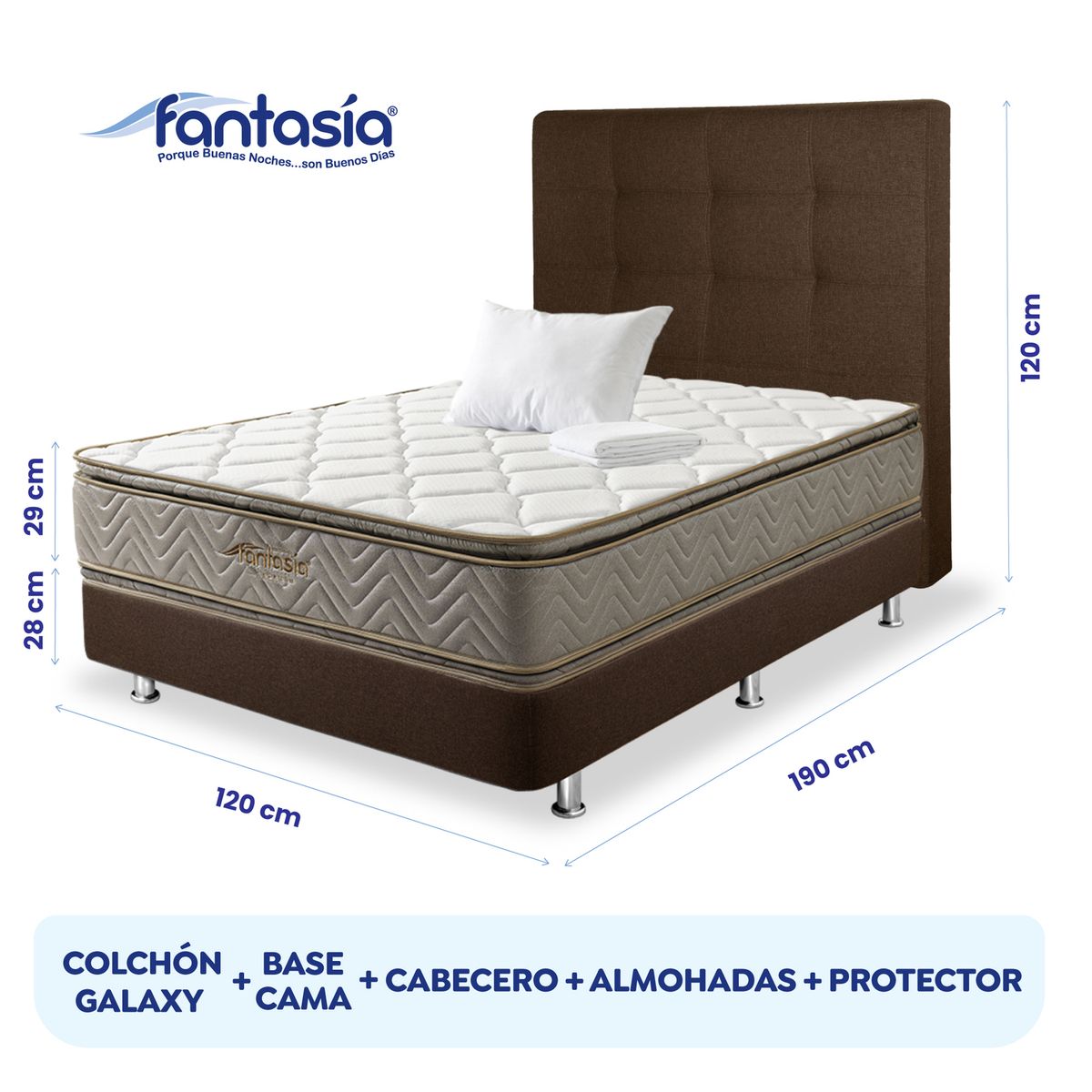 COLCHONES FANTASIA - Combo Galaxy+base Cama Cf+espaldar+1almohada+protect 120x190