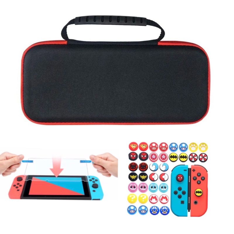 GENERICO - Estuche Rigido Con Mango + Vidrio + 2 Grips Para Switch