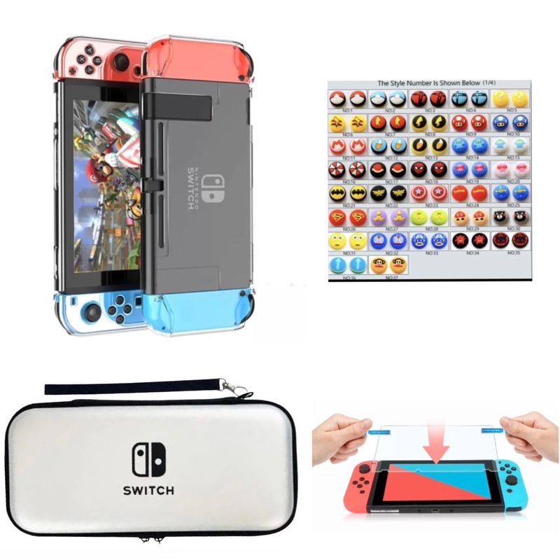 GENERICO - Estuche Plateado + Acrilico + Vidrio + 2 Grips Para Switch