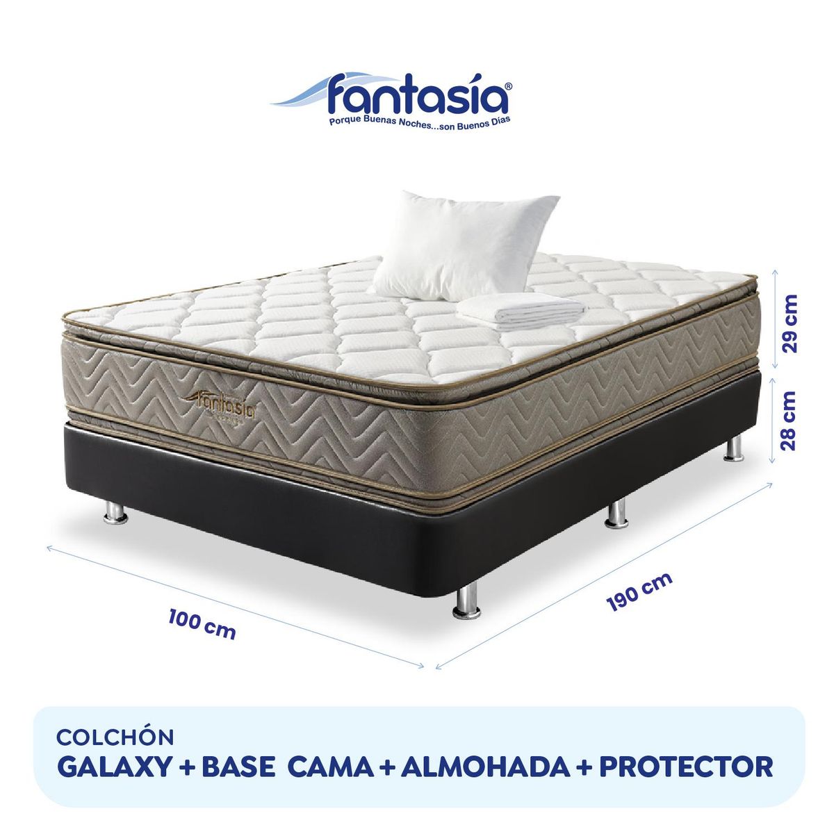 COLCHONES FANTASIA - Combo Galaxy+base Tipo C Negro+1almohada+protector 100x190