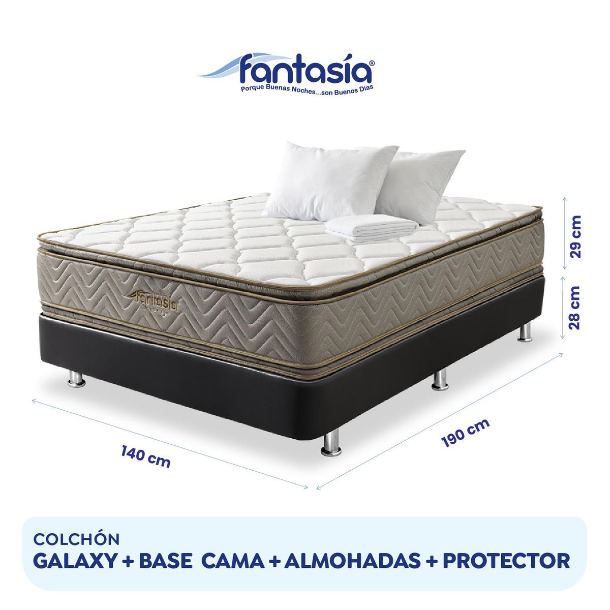 COLCHONES FANTASIA - Combo Galaxy+base Cama Café+2 Almohadas+protector 140x190