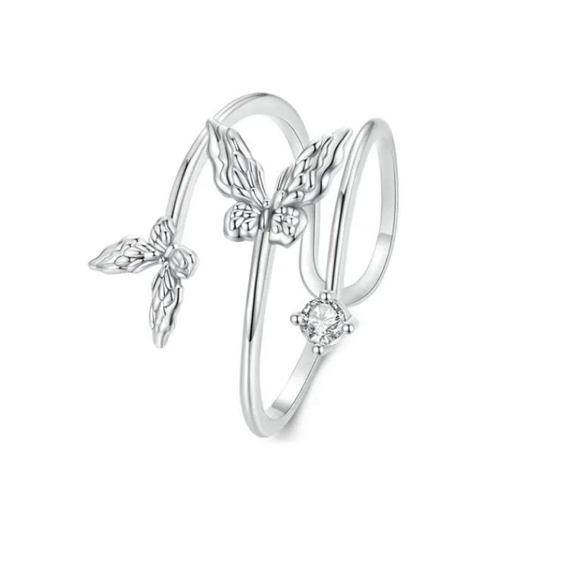 GENERICO - Anillo Ajustable Doble Para Mujer Mariposas Circones En Plata 925